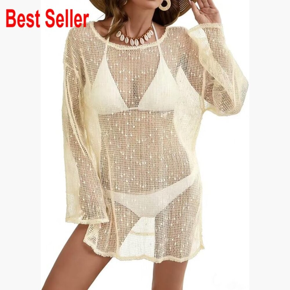 Polyester Crochet Swim Cover Up Long Sleeve Beach Vacation Outfit